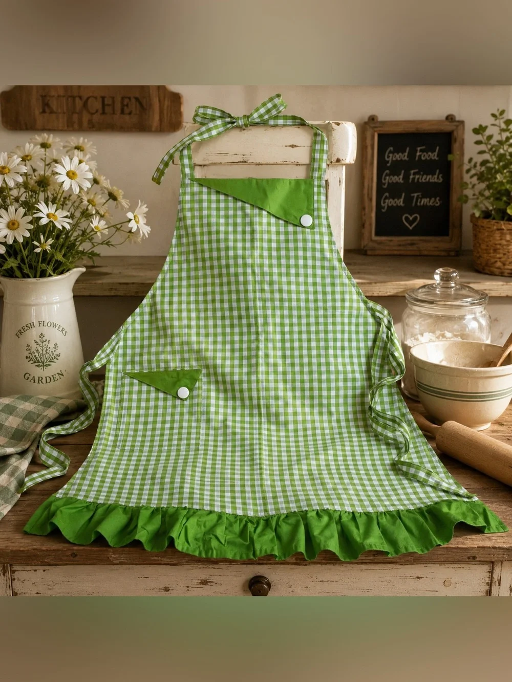 Green Gingham Ruffle Apron | 100% Cotton Kitchen Apron